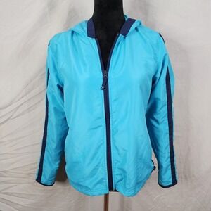 KIM ROGERS Size Small Cyan & Navy Blue Lightweight Windbreaker Hoodie Jacket EUC
